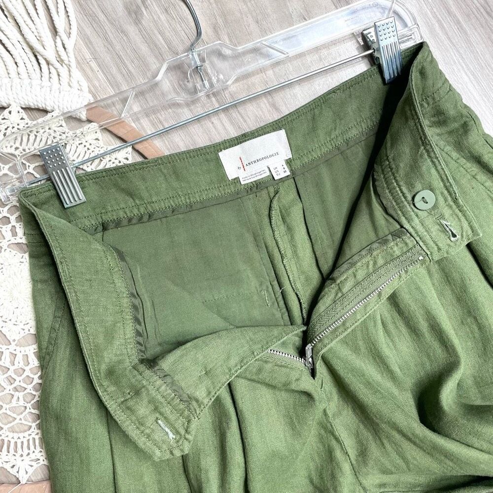 Anthropologie Ankle-Tie bell bottom 100% linen‎ pants Size 0 green - Picture 7 of 14